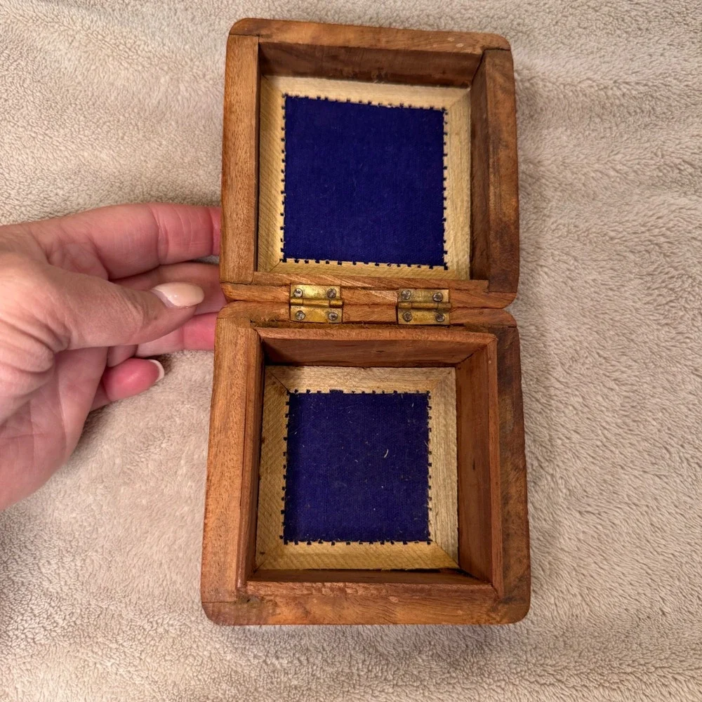 Hand Carved Floral Wood Trinket Jewelry Box Boho Whimsygoth India Brass Inlay